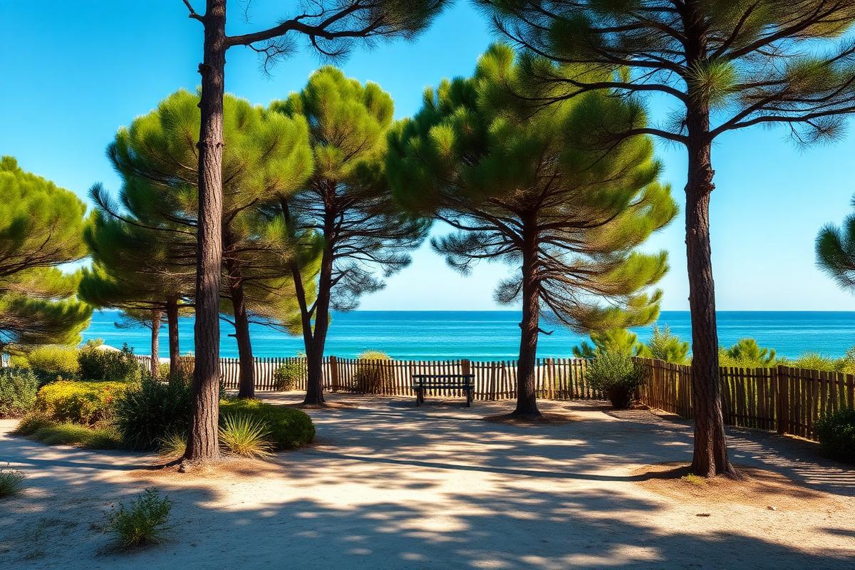 Leerer Campingplatz mit Pinien am Meer